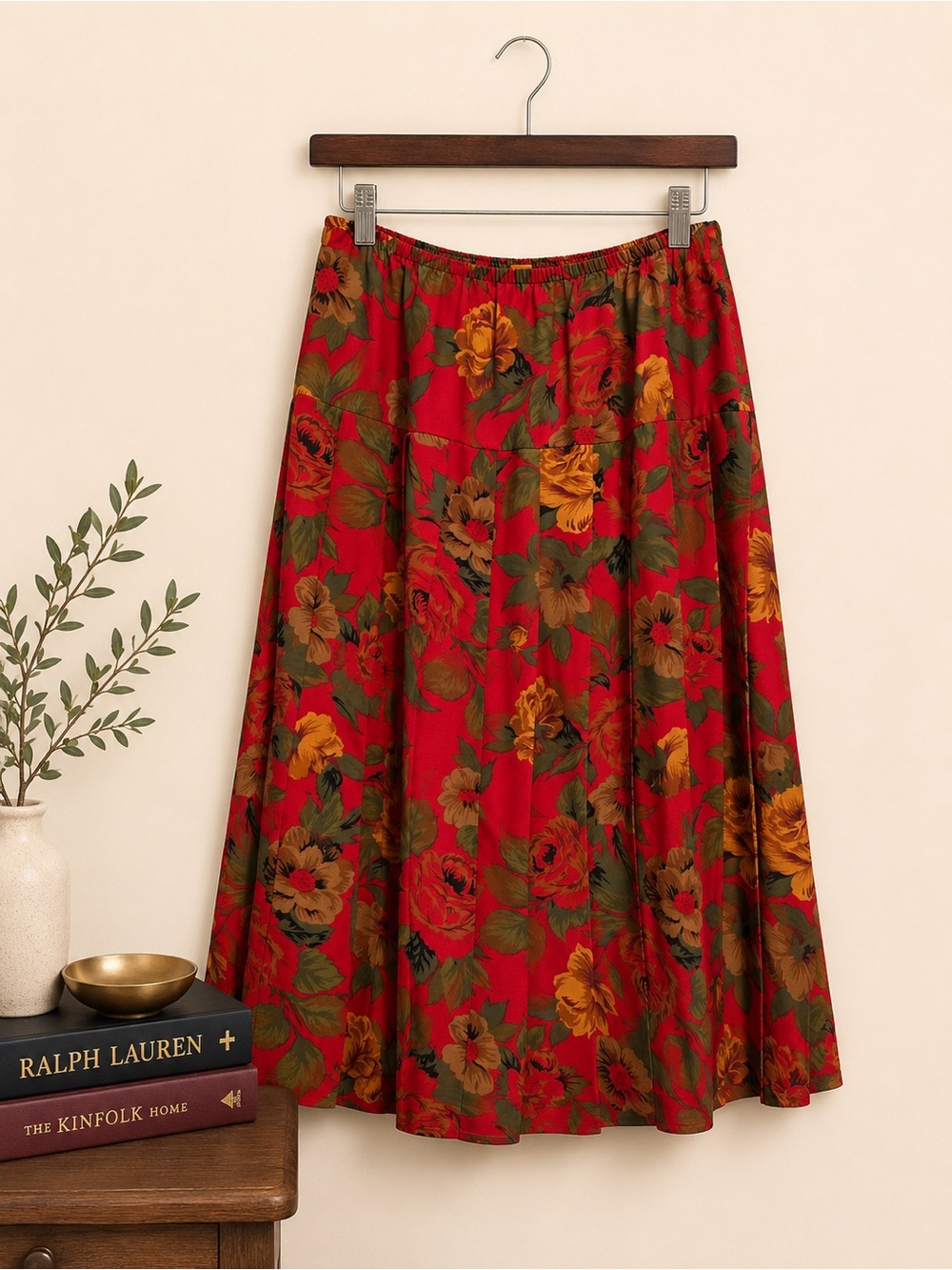 Vintage Rose Floral Chiffon Drop Waist Knife Pleat Midi Skirt L
